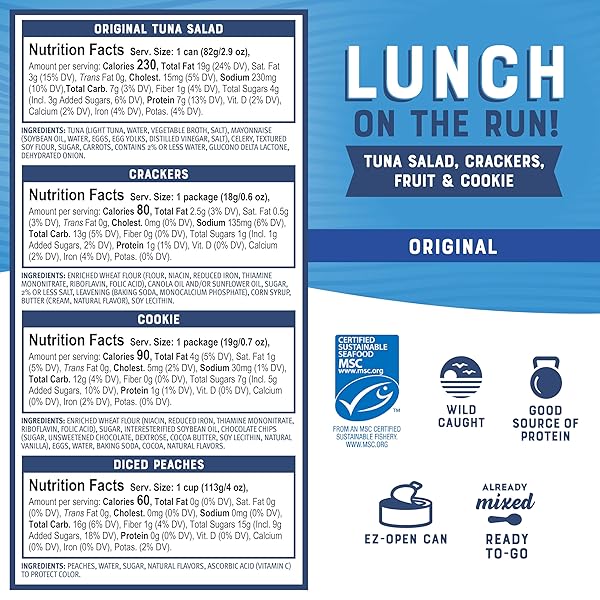 BUMBLE BEE LUNCH ON THE RUN TUNA SALAD WITH CRACKERS KIT, 8.2 OZ – READY TO EAT, INCLUDES CRACKERS, COOKIE & PEACHES – WILD CAUGHT TUNA – SHELF STABLE & CONVENIENT SOURCE OF PROTEIN, EASY OPEN CAN