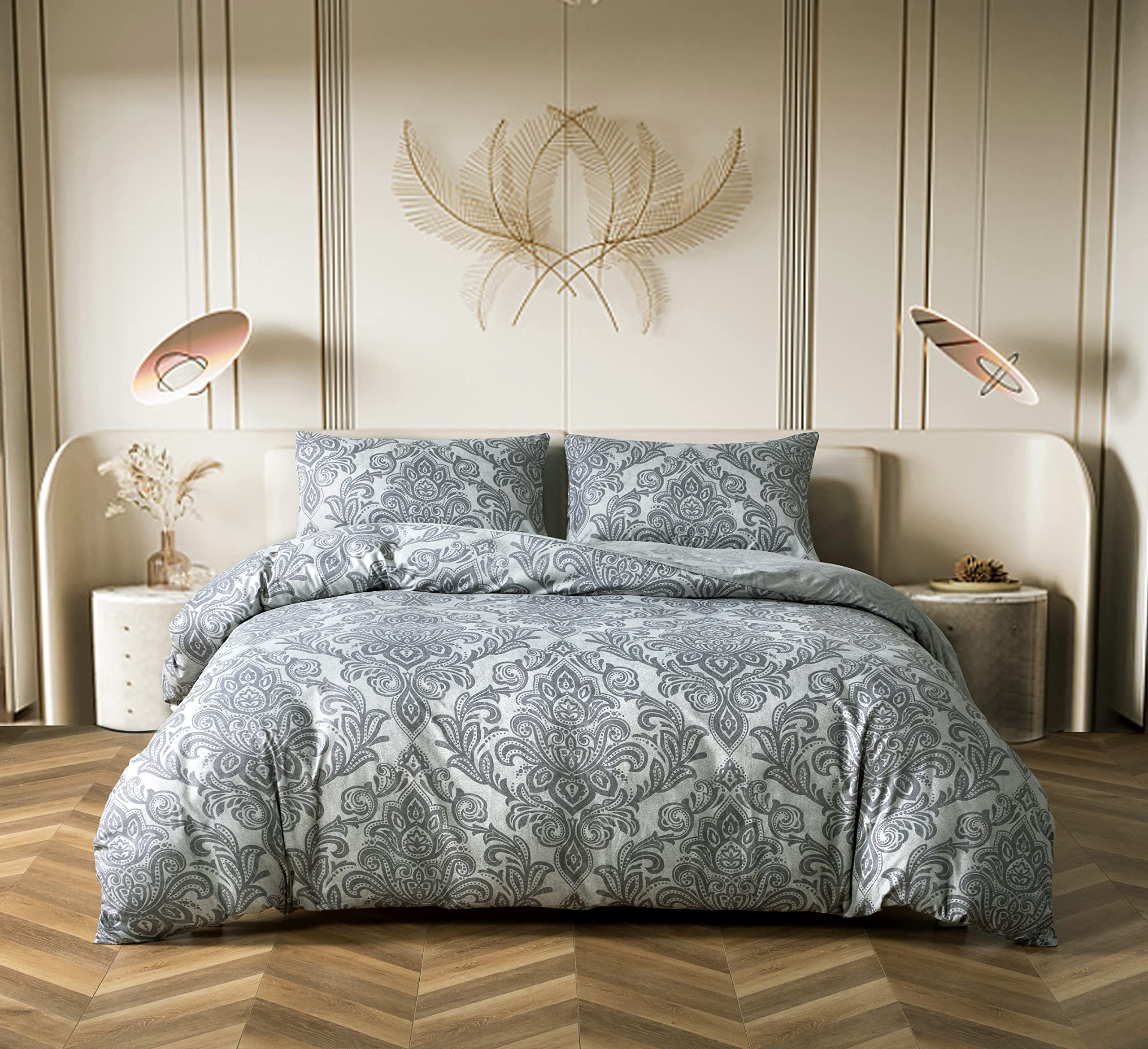 Best Linen 4 Piece Duvet Cover Set Quilt Cover Pillow Case & Fitted Sheet Complete Bedding Set Easy Care Machine Wash Anti Allergic (Grey, Double)