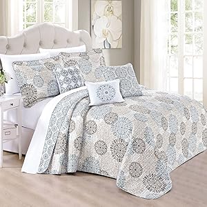 Home Soft Things Marina MDLN Bedspread, Queen, Khaki/Blue/Brown