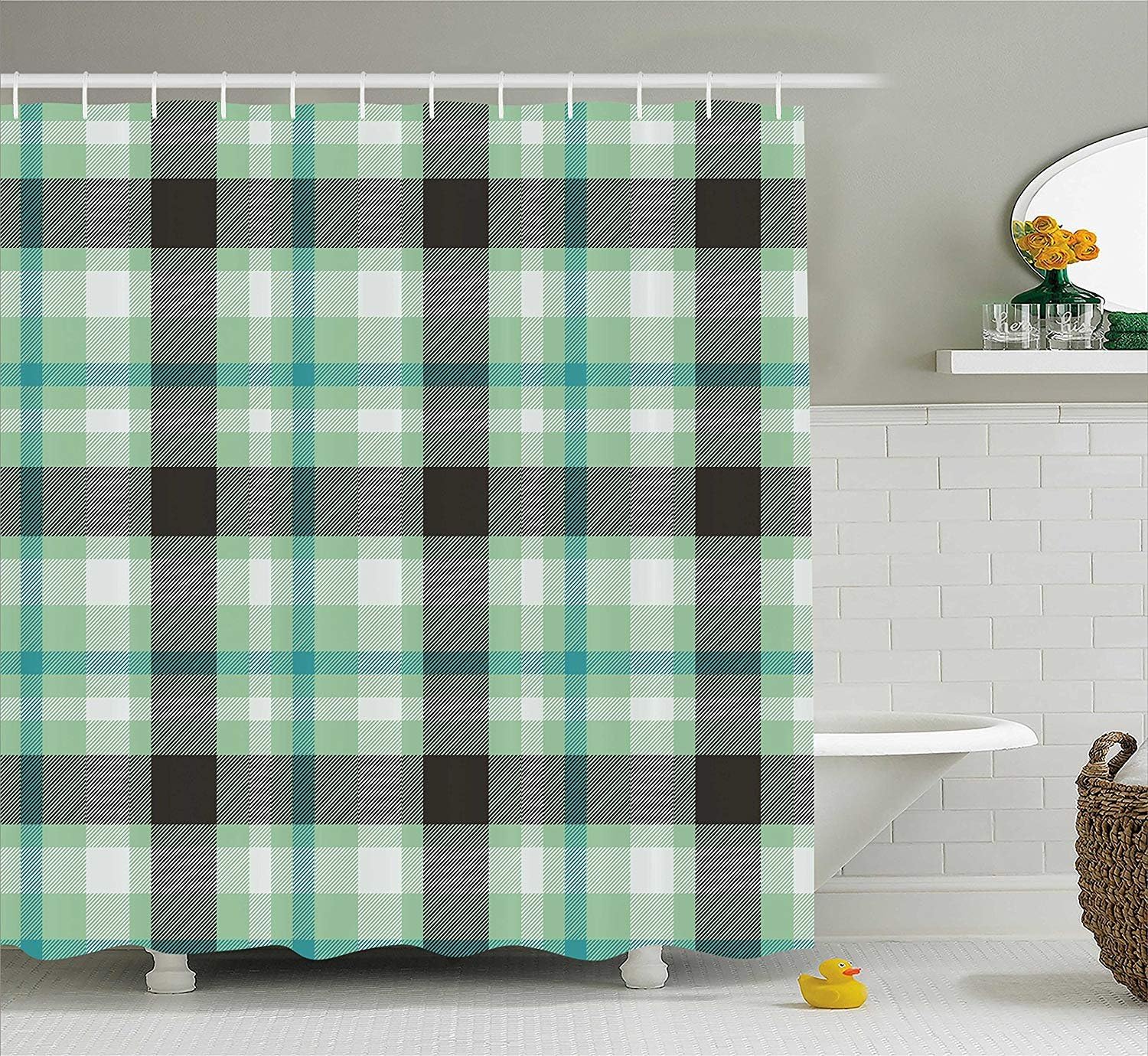 Abstract Shower Curtain Geometric Tartan Plaid Pattern Traditional Vintage Design Fabric Bathroom Decor Set With Hooks 180cm Long Mint Green Blue Dark Grey White Amazon Co Uk Kitchen Home