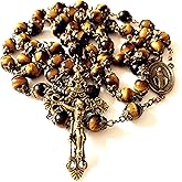 elegantmedical HANDMADE Tiger Eye Beads 5 DECADE ROSARY Bronze CROSS CATHOLIC NECKLACE GIFT