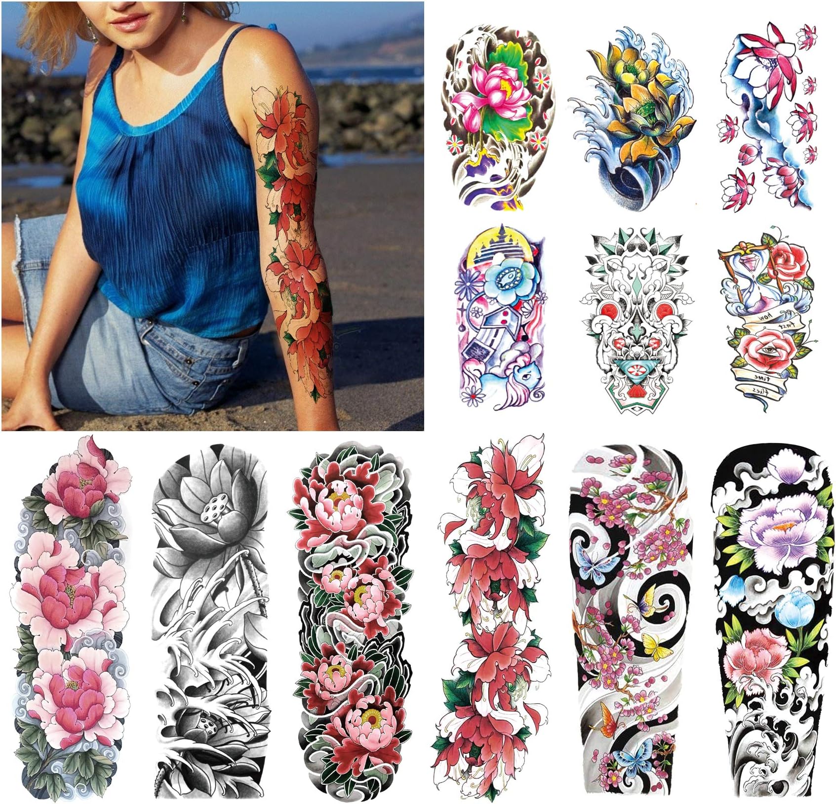 12 Sheets Full Arm Temporary Tattoo, Sexy Temporary Tattoos for Men Women Girls Flowers, Waterproof Full Arm and Half Arm Sleeves Body Tattoo Stickers