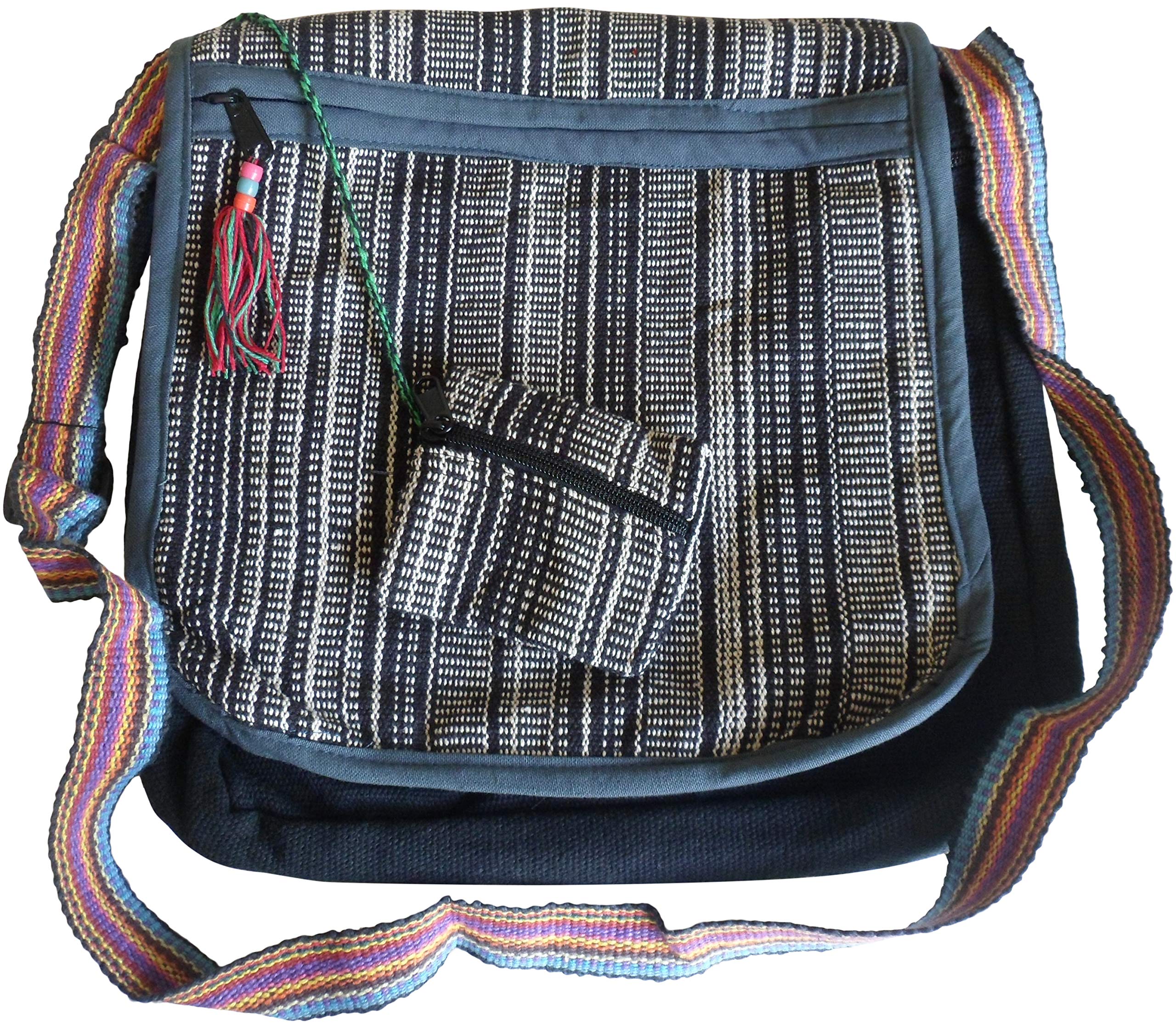 NATURAL FLOW Fair Trade Cotton Travel Hippy Messenger Shoulder Bag & Purse (Black & White)
