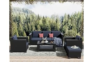 LHBcraft 7 Piece Patio Furniture Set, Outdoor Furniture Patio Sectional Sofa, All Weather PE Rattan Outdoor Sectional with Blue Cushion and Table.