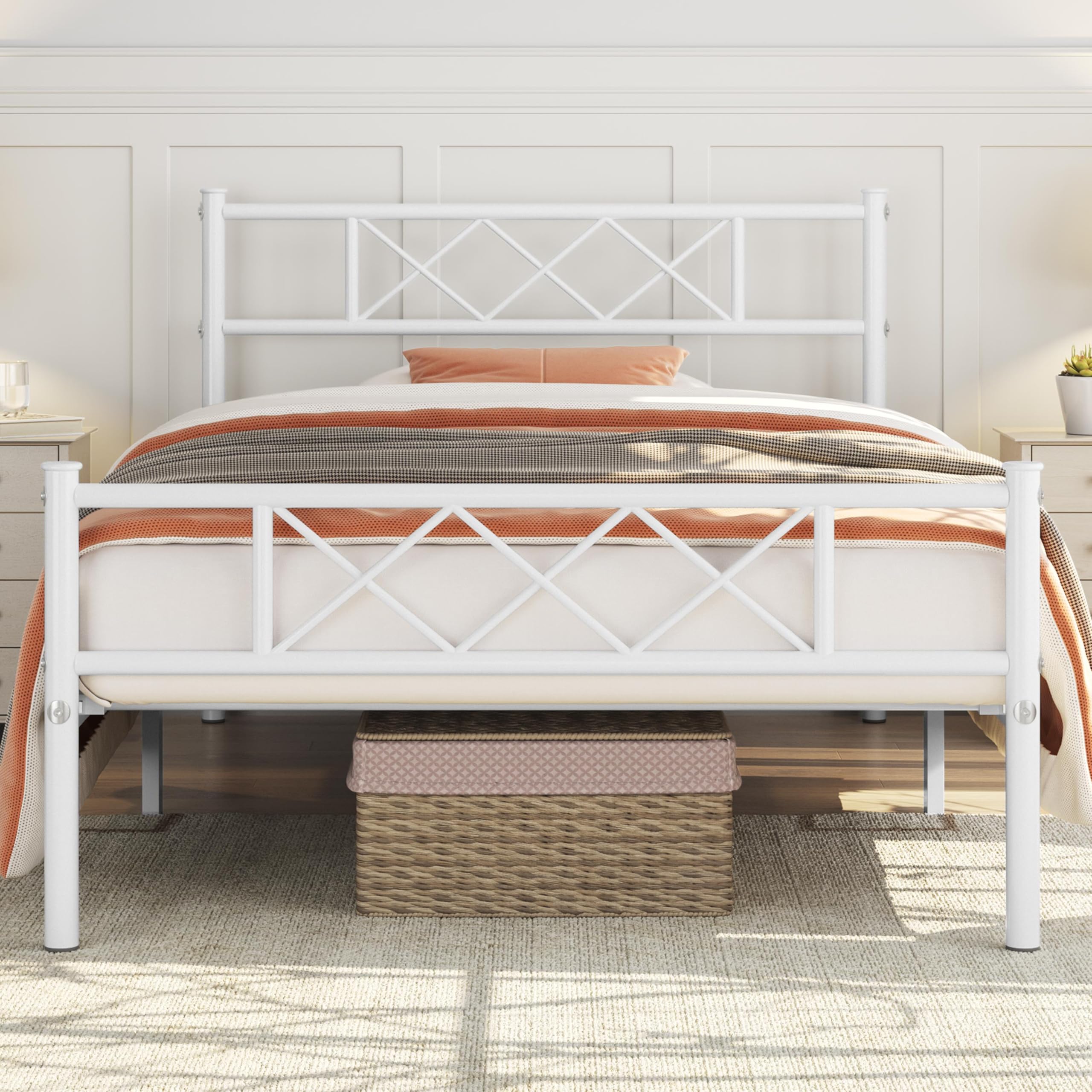 Yaheetech Twin Size Metal Platform Bed Frame with Simple Headboard and Footboard, Mattress Foundation for Under Bed Storage, Steel Slat Support, No Box Spring Needed, Easy Assembly, White Image