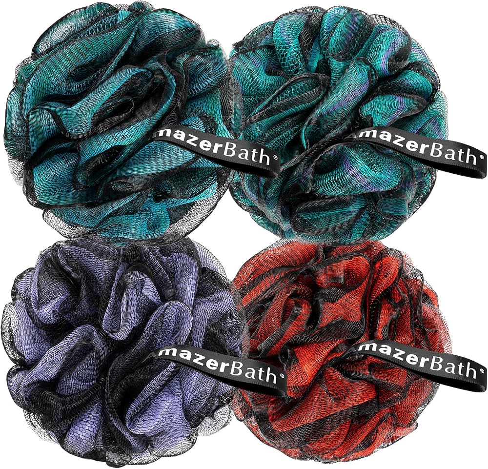 AmazerBath Charcoal Loofah Sponge, Shower Loofah 60g/PCS - Body Scrubber Loofa Set of 4 - Charcoal Blue, Green, Purple & Red,