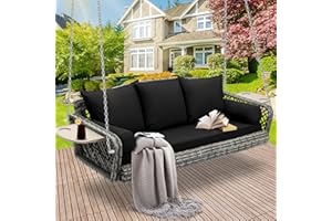GIODIR Wicker Porch Swing, 3-Seats Rattan Hanging Swing Chair, Patio Grey Rattan Swing, Outdoor Rattan Swing Bench with Cushion for Patio Backyard Poolside Garden, Black
