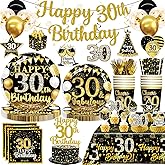 Yingoto 205pcs 30th Birthday Decorations for Him, Perfect for 25 Guests, Black Gold 30th Birthday Party Supplies Kit with 300gsm Cardstock Paper Plates, Ideal for 30th Party Celebration