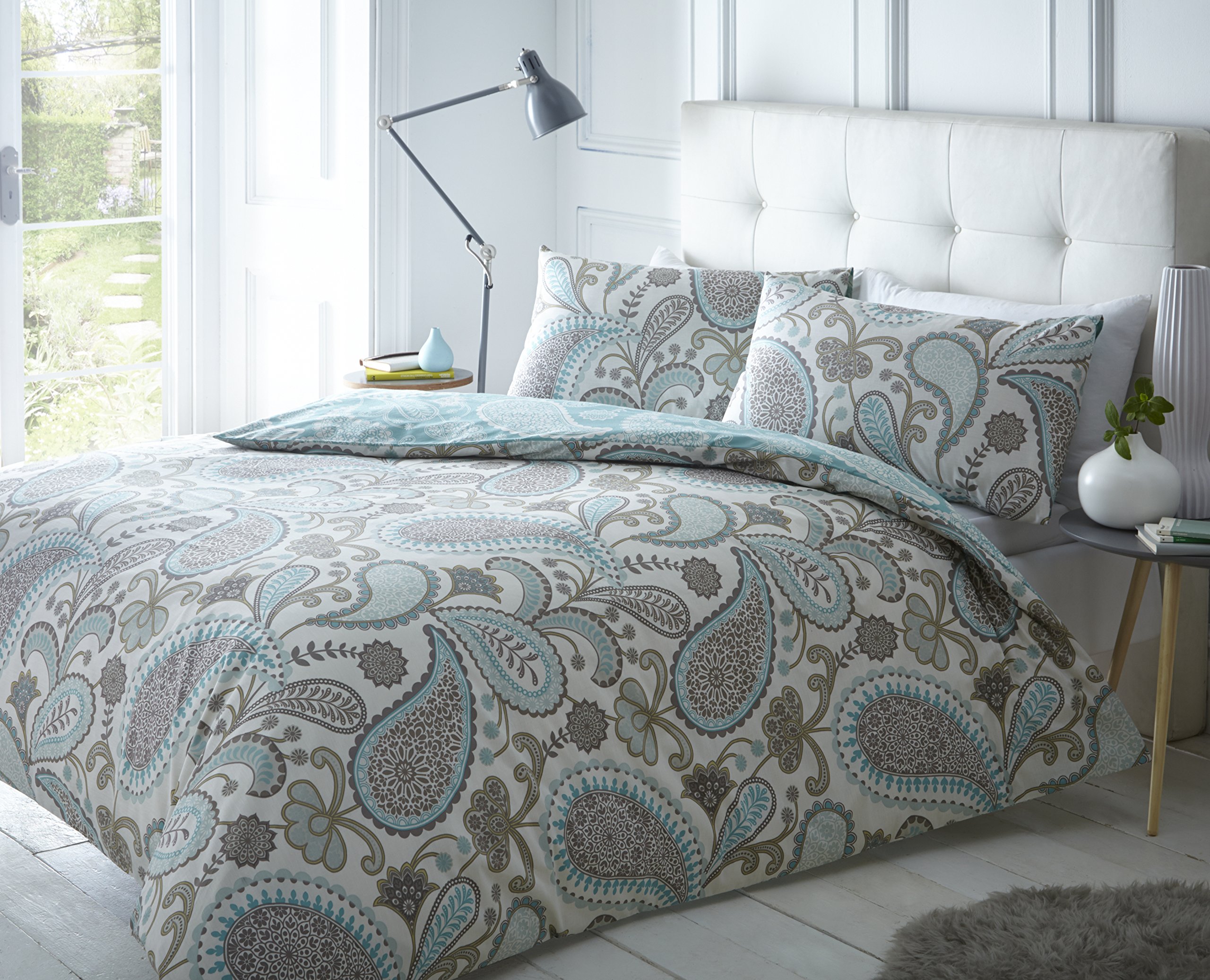 Sleepdown Paisley Teal Duvet Cover & Pillowcase Set Bedding Digital Print Quilt Case Single Double King Bedding Bedroom Daybed (Single)