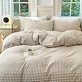 Tan Plaid Gingham Duvet Cover King 3 Pieces Checkered Grid Duvet Cover 100% Washed Cotton Beige Plaid Comforter Cover with Zipper Closure 2 Pillowcases Luxury Soft Gingham Bedding Set Breathable