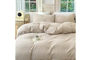 LIFETB Tan Plaid Gingham Duvet Cover King 3 Pieces Checkered Grid Duvet Cover 100% Washed Cotton Beige Plaid Comforter Cover with Zipper Closure 2 Pillowcases Luxury Soft Gingham Bedding Set Breathable