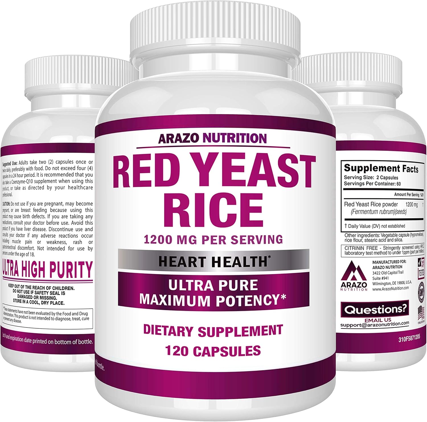 Red Yeast Rice Extract 1200 mg – Citrinin Free Supplement – Vegetarian 120 Capsules - Arazo Nutrition: Health & Personal Care
