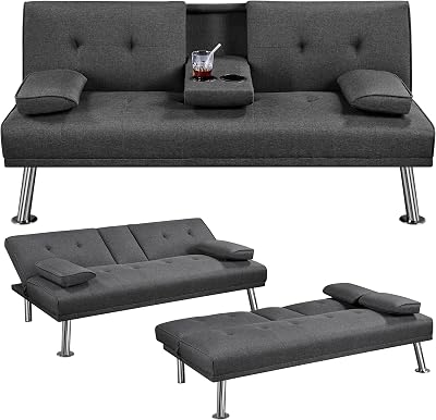Yaheetech Sofa Bed Fabric Click Clack Futon Settee with 2 Cup Holders Dark Gray