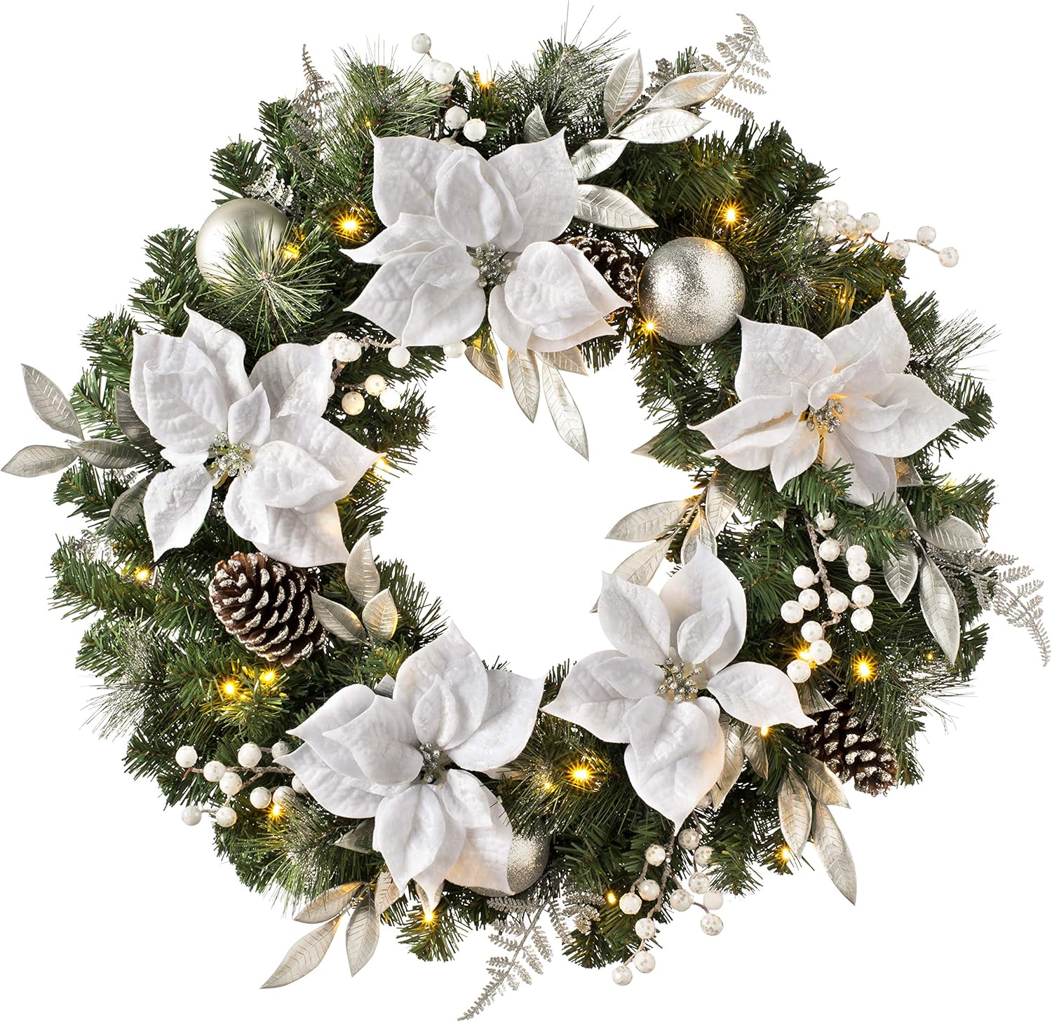 WeRChristmas PreLit Decorated Wreath with 50 LED Lights & Timer