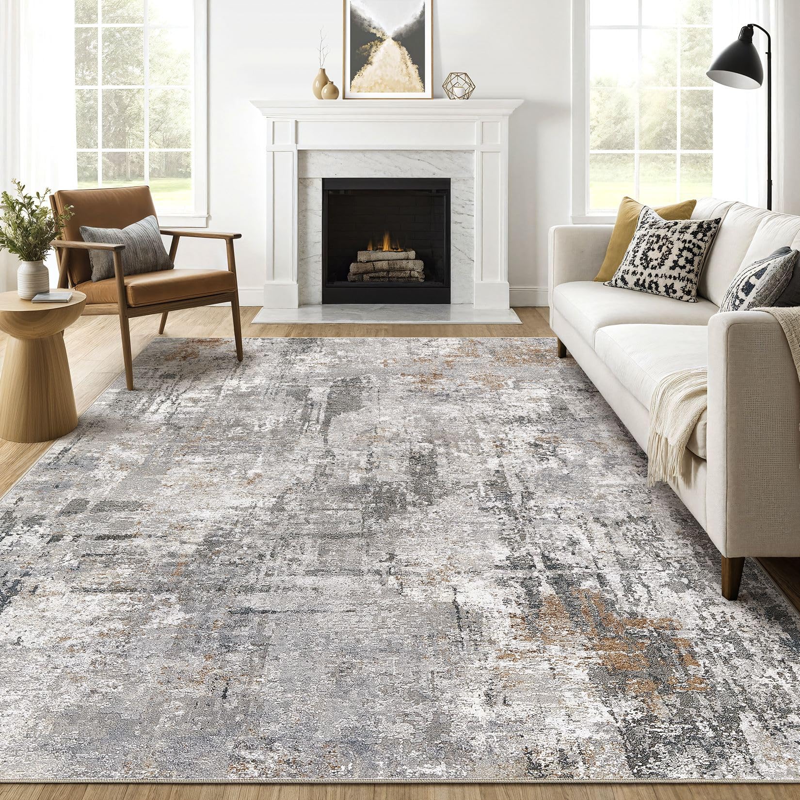 Photo 1 of 10x14 Area Rugs Living Room: Washable Large Abstract Modern Soft Rug Stain Resistant Indoor Floor Non Slip Accent Carpet for Bedroom Nursery Playroom Office Dining Room Dorm Home House- Gray Rust