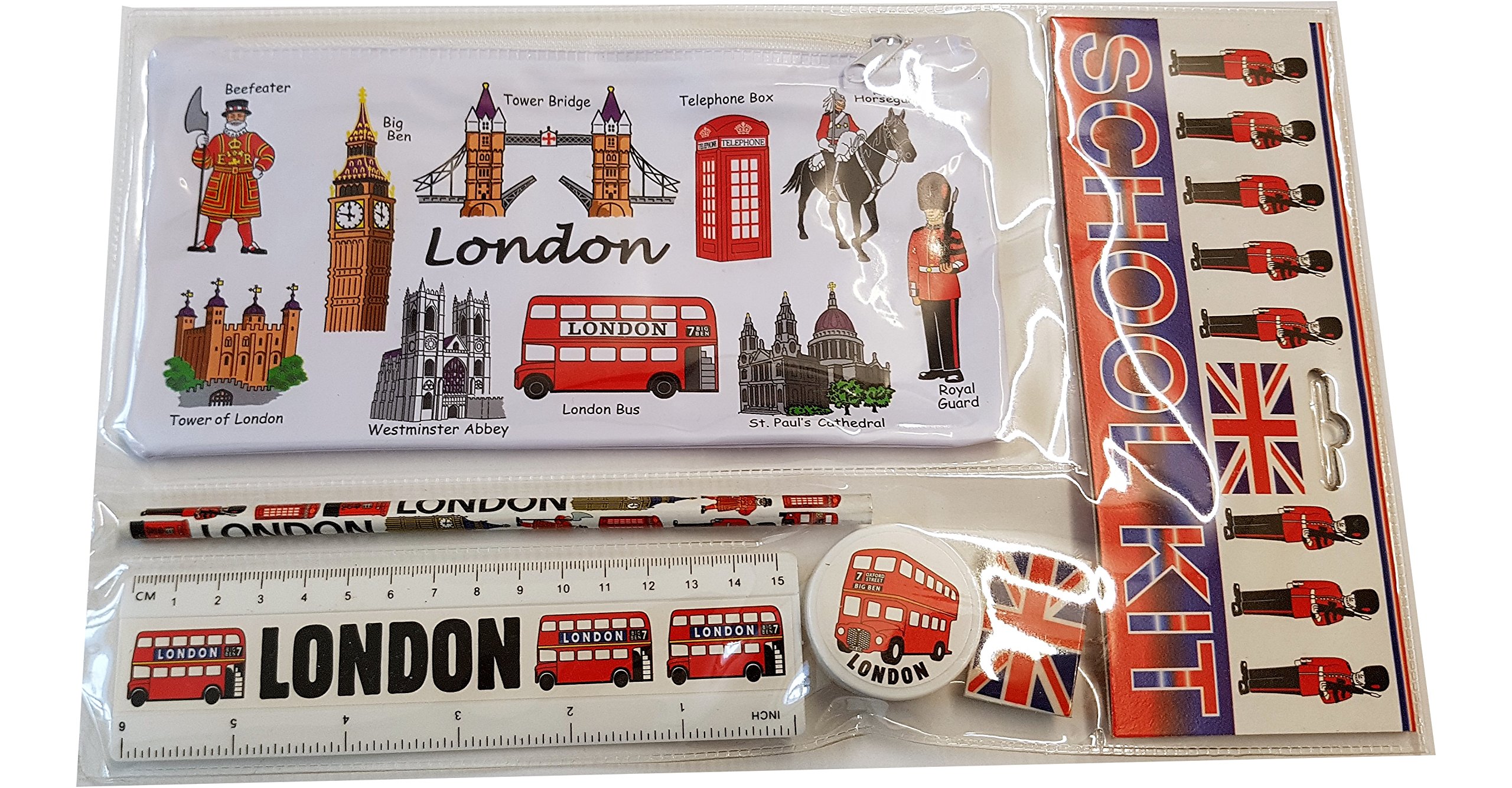 #1 Bestselling All In One School Kit - London Souvenir – Pen / Pencil Case, Sharpener, Eraser / Rubber, Ruler (inches/cm) – Trousse / Federmappchen / Caja de Lapices / Astuccio - White – EVERYTHING LONDON – Black Cab / Red Phone Box / London Bus / Royal Guard / Beefeater / Tower of London / Big Ben / Westminster Abbey / Tower Bridge / St Paul's Cathedral – Top Quality Product S01