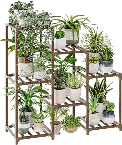 Bamworld Plant Stand Indoor Plant Shelf Outdoor Wood Plant Rack | for Multiple Plants 3 Tiers Ladder Plant Holder for Living Room Patio Boho Home Decor for Gardening