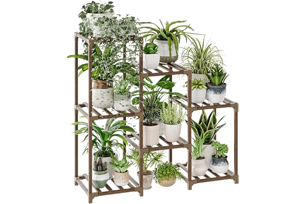 Bamworld Plant Stand Indoor Wood Plant Shelf Outdoor Tiered Plant Rack for Multiple Plants 3 Tiers 7 Pots Ladder Plant Holder