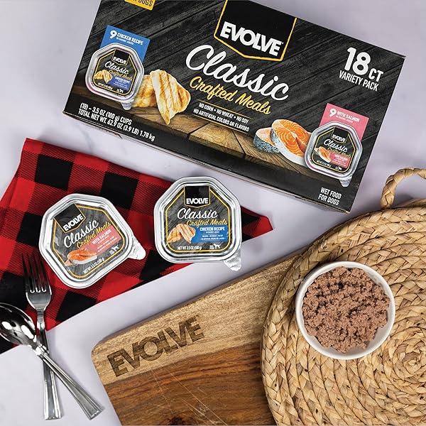 EVOLVE CLASSIC CRAFTED MEALS VARIETY PACK CHICKEN RECIPE & WITH SALMON WET DOG FOOD | 3.5 OZ – 18 PACK