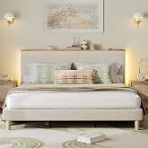 Bestier King Bed Frame with Storage Headboard &amp; LED, Upholstered, Beige