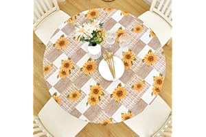 Rally Home Goods Indoor Outdoor Patio Round Fitted Vinyl Tablecloth, Flannel Backing, Elastic Edge, Waterproof Wipeable Plastic Cover in Sunflowers Pattern for 5-Seat Table of 36-42’’ Diameter