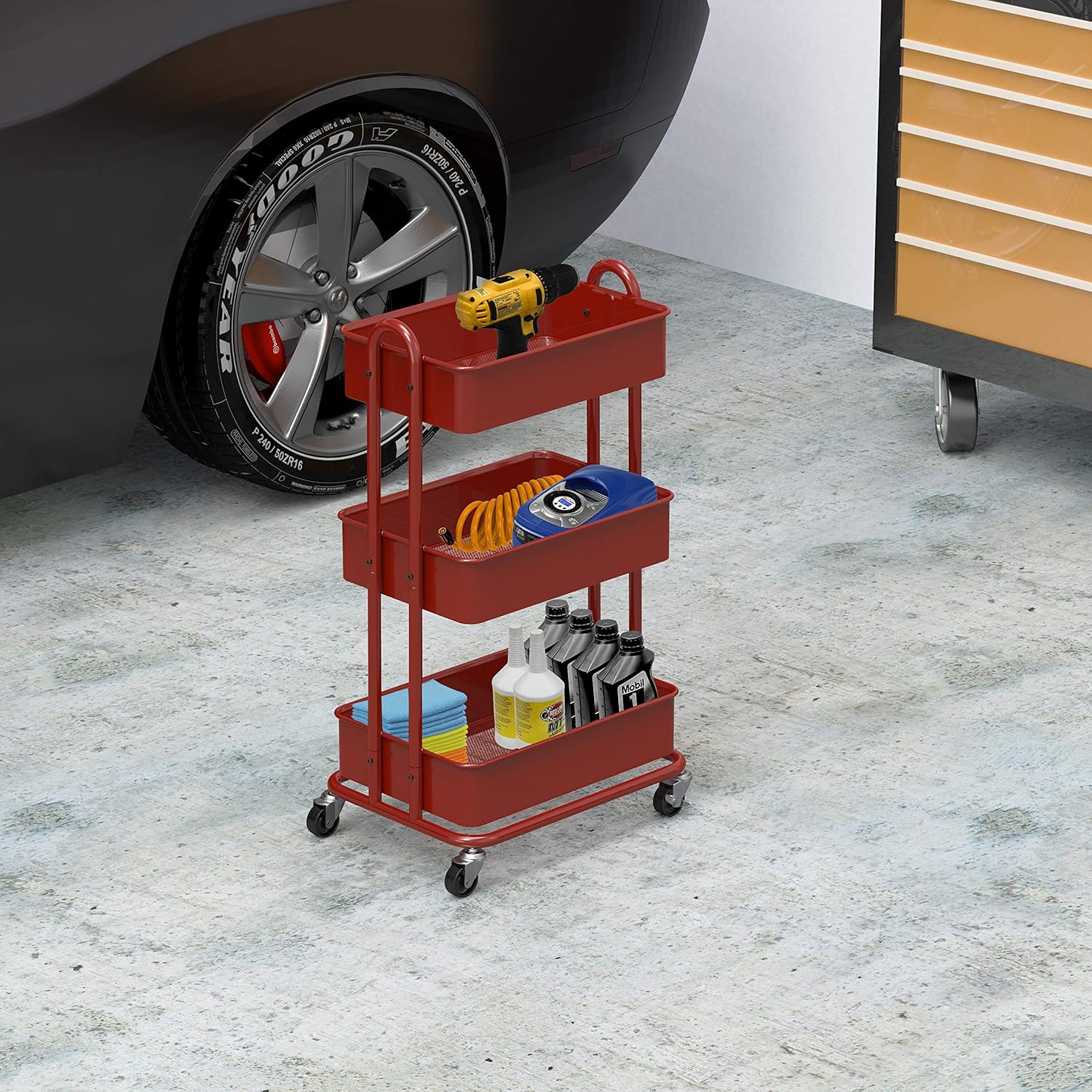 SimpleHouseware Heavy Duty 3-Tier Metal Utility Rolling Cart, Red : Office Products