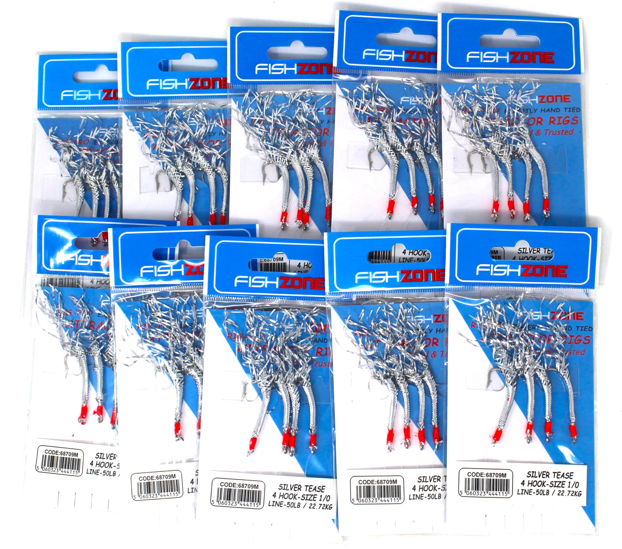 FISHZONE RIG PRO SERIES - Bulk Pack of 10 x SilverTease Commercial Quality Sea Feather Lure Fishing Rigs - Ideal for Sea Boat Shore for Mackerel, Herring, Bass & Cod (Silver Tease)