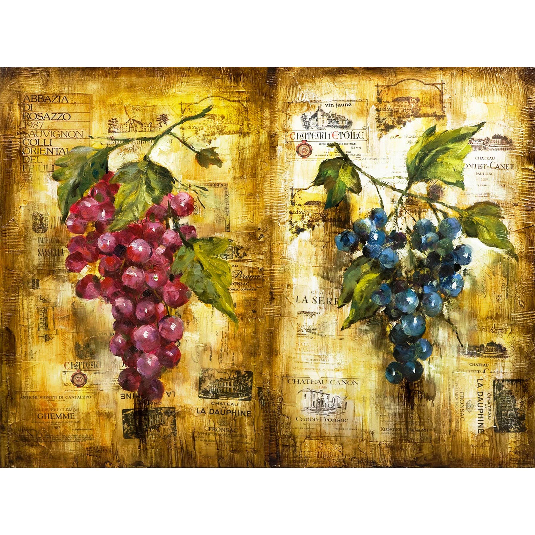 Wee Blue Coo Painting Collage Wine Grapes Label Vino Vine French France Canvas Print