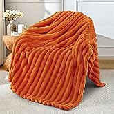 Exclusivo Mezcla Fleece Throw Blanket for Couch, Super Soft Striped Jacquard Bed Blanket, Lightweight Fuzzy Cozy for All Seasons, 50x60 Inches, Burnt Orange