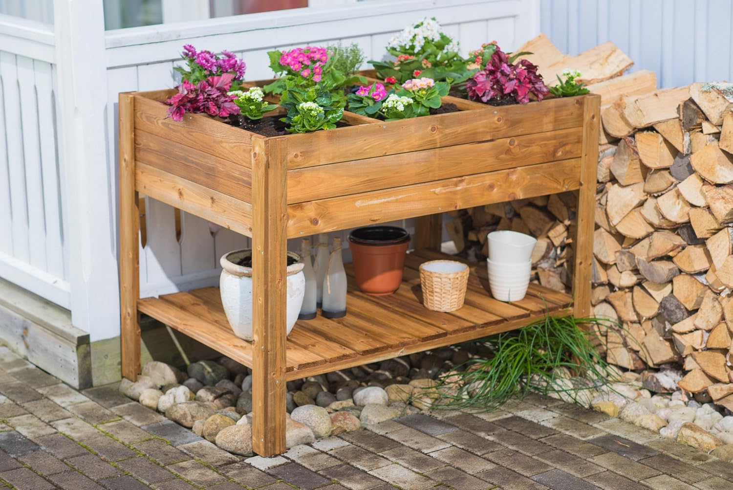 EKJU FSC Six Section Vegetable Raised Bed Free Standing with Shelf - Pressure Treated Spruce Wood, Pressure Treated Brown, 6-Sections - Image 3