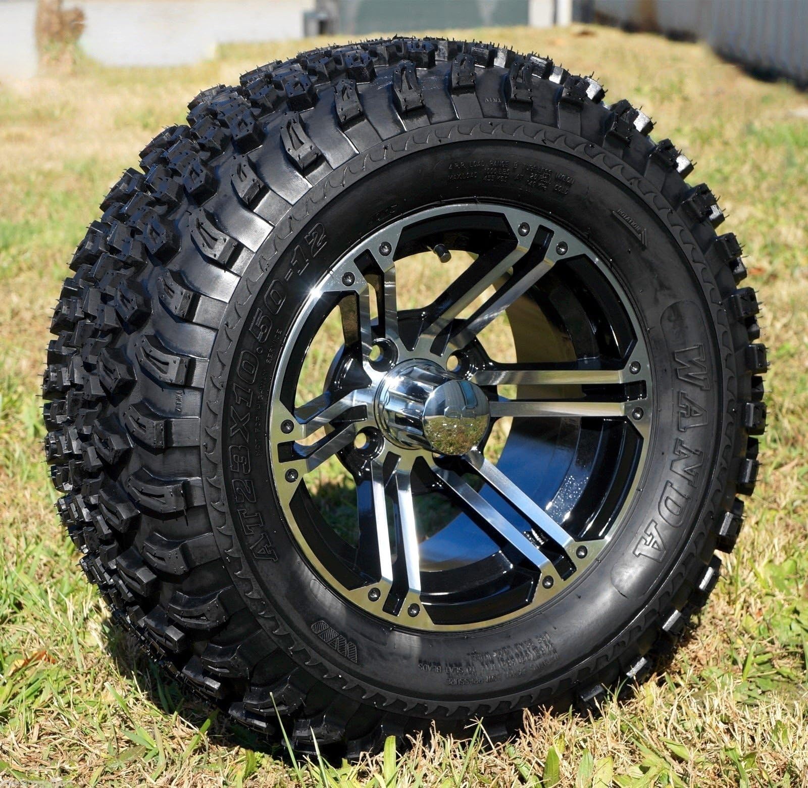 GOLF CART 12"x 7" TERMINATOR MACH/BLACK ALUMINUM WHEELS & 23" AT TIRES-SET OF 4