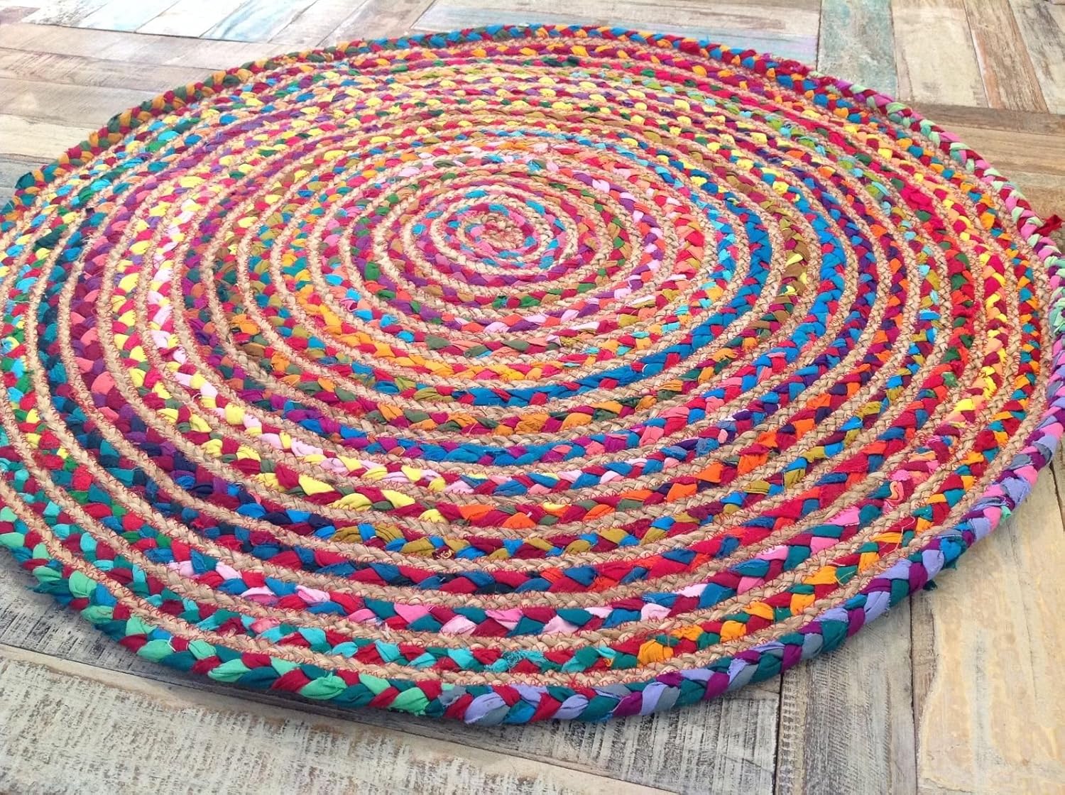 Second Nature Online Fair Trade 90cm Round Braided Rag Rug Cotton Jute