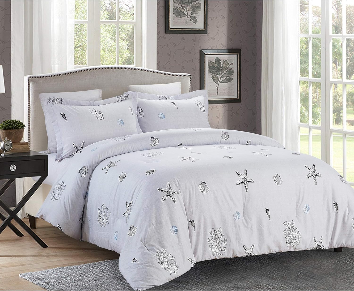 3 Piece King Shells Comforter Set White Nature Microfiber