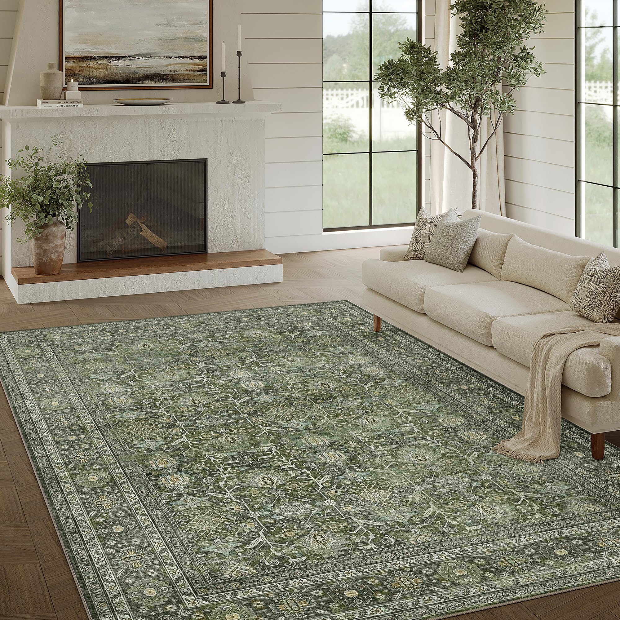 Photo 1 of PureCozy Vintage Area Rug 5x7 Green Washable Living Room Large Carpet Non Slip Bedroom Indoor Office Low Pile Traditional Distressed Retro Accent Rug for Dining Room Bathroom Kitchen