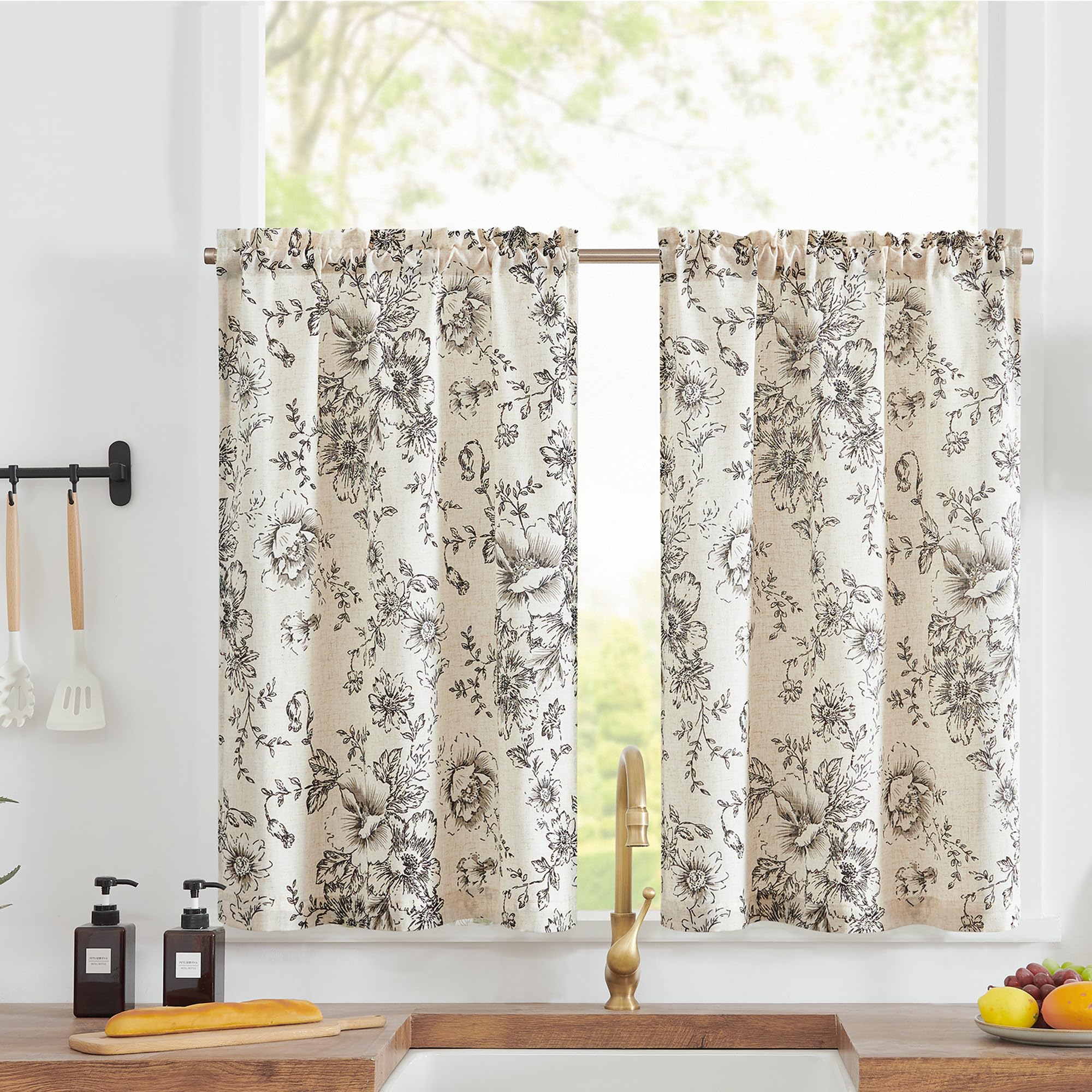 TOPICK Linen Blend Black Floral Kitchen Curtains 24 Inch Drop Small Cafe Curtains Light Filtering Short Curtain Tiers for Bathroom Sink Rod Pocket 2 Panels — image 1