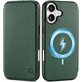 SHIELDON Genuine Leather Slim Wallet Case for iPhone 17 6.3" 5G 2025 | Wireless Charging, RFID Blocking Credit Card Holder, Flip Design, Magnetic Closure, Protective Phone Shell - Evergreen