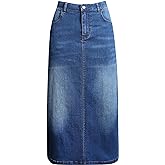 Long Denim Skirt for Women Casual A-Line Denim Maxi Skirt Stretch High Waisted Jean Skirt with Pocket Blue