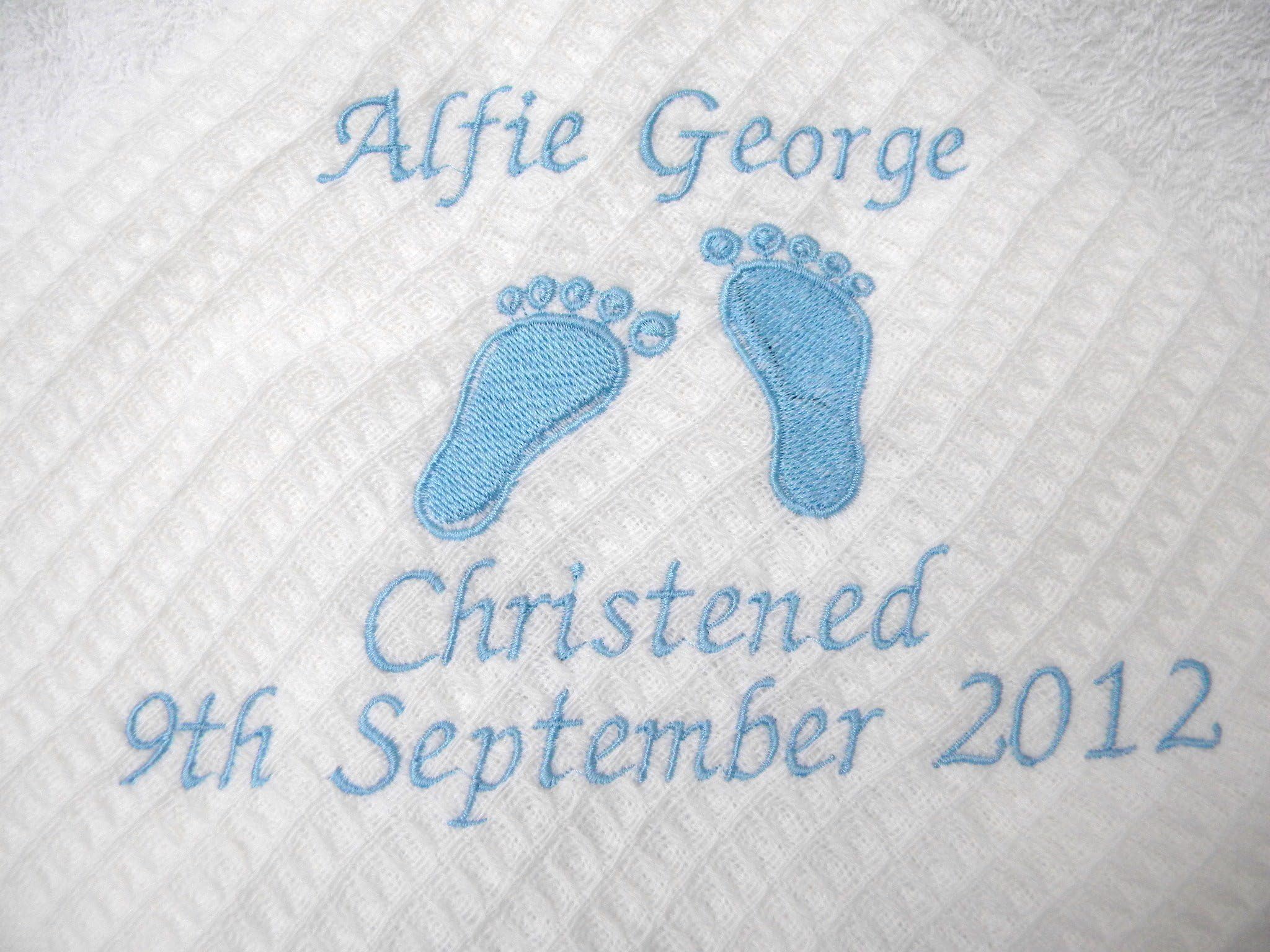 Baby Birth Personalised Shawl Blanket with Footprints Keepsake Baby Shower Gift in Pink Blue White or Cream (White)