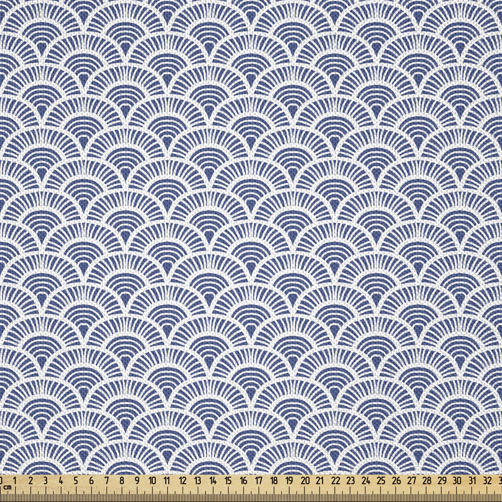 ABAKUHAUS Japanese Fabric by the Yard, Hand Drawn Style Art Deco Pattern with Bohemian Scales Vintage Curves and Stripes, Fabric for Upholstery and Home Decor Accents,2M (148x200cm), Blue White