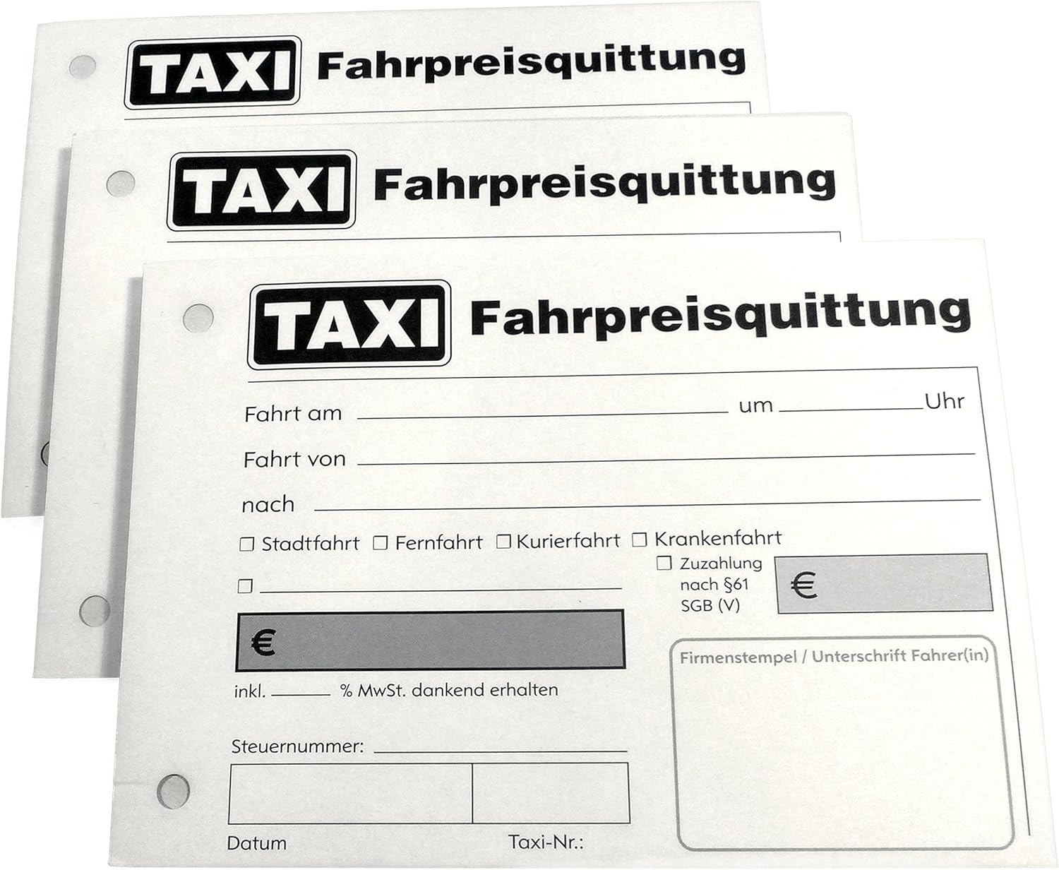 3x Taxiquittung TaxiFahrpreisquittung als Block 2 x 50 Blatt DIN A6 gelocht SD