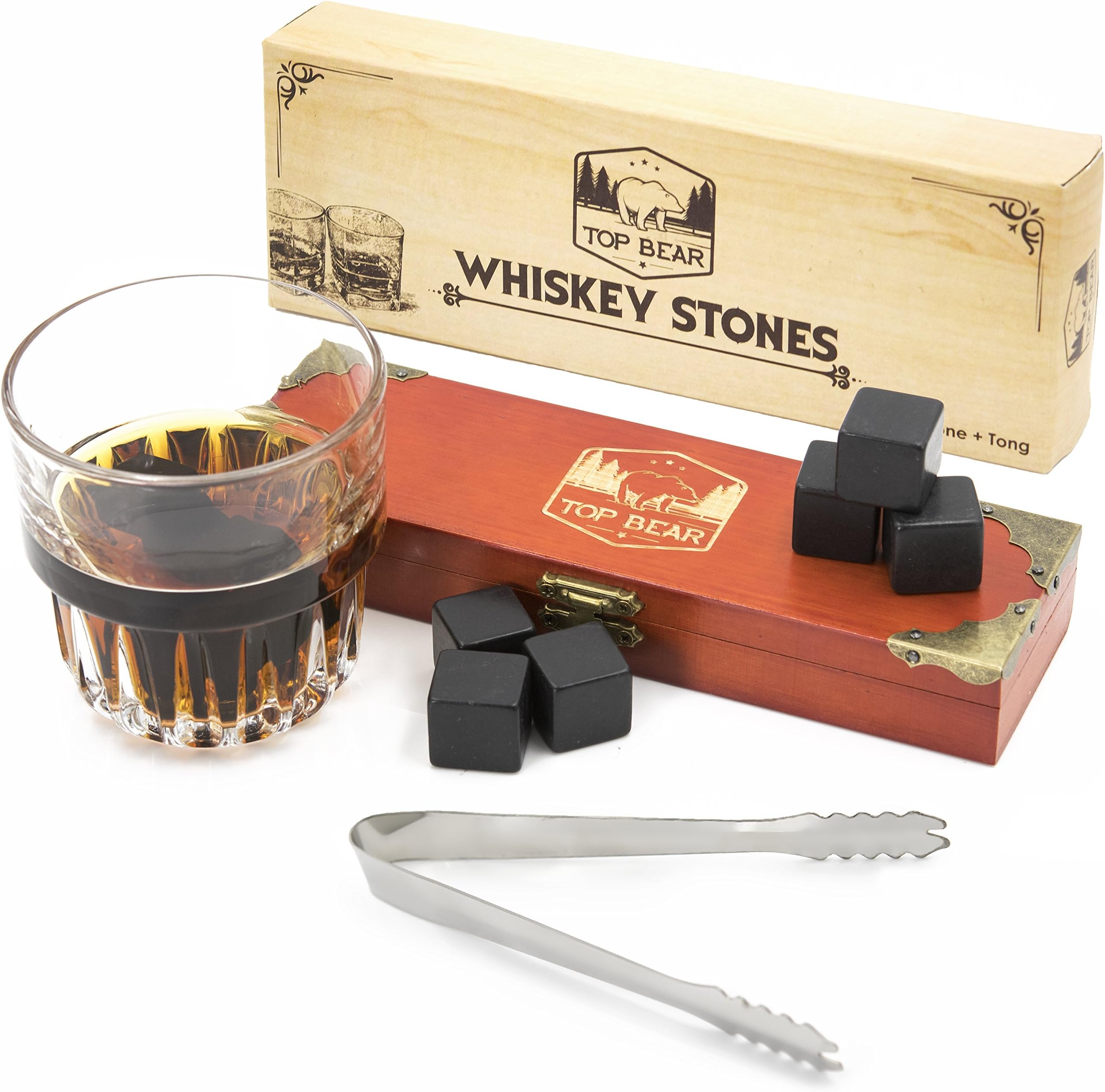 Top Bear Whiskey Stones: 9 Natural Soapstone Cubes to Chill Whiskey and Other Drinks Without Dilution, Plus Stainless Steel Tongs in a Wooden Gift Box