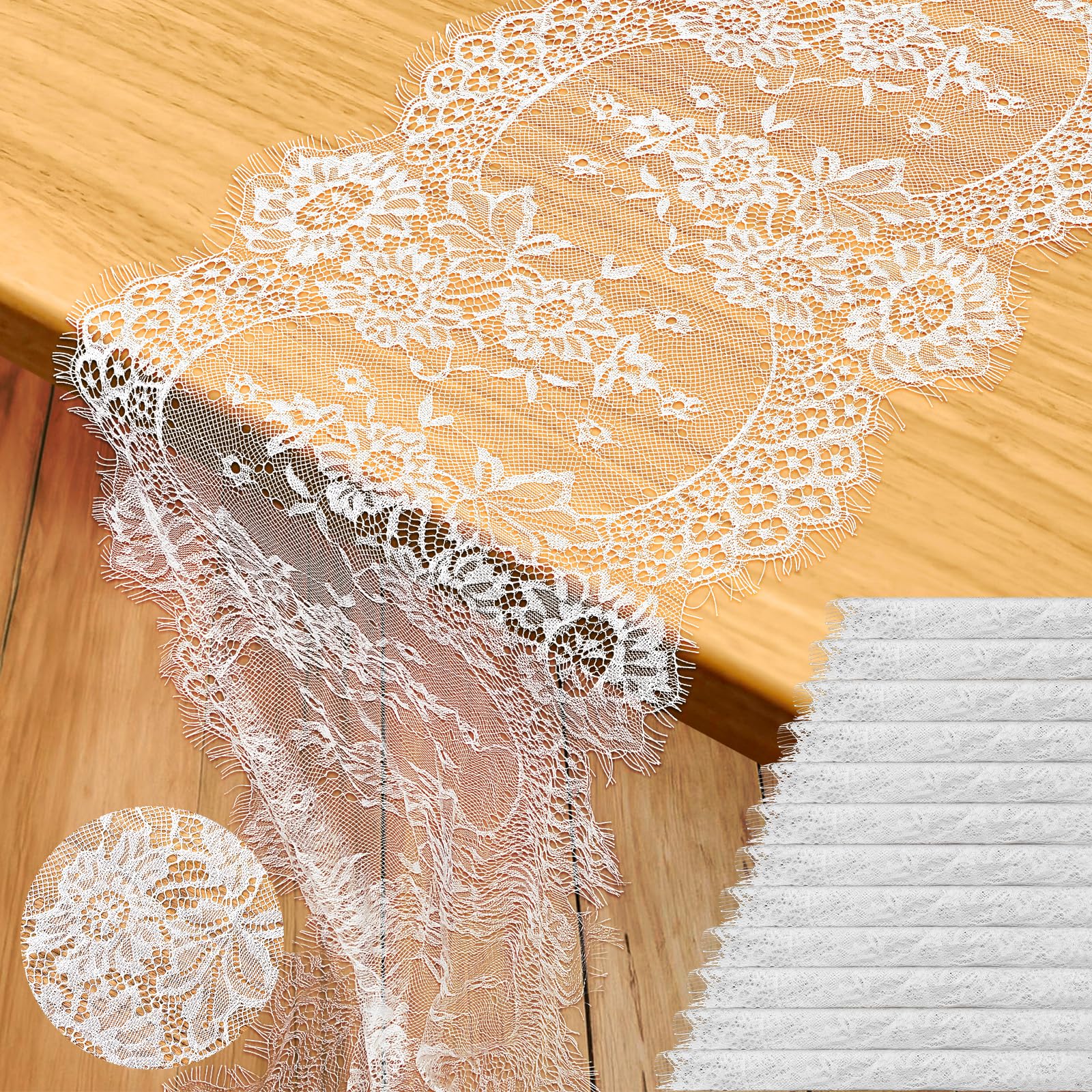 Photo 1 of 12 Pack Lace Table Runner, 14 x 120 Inch Embroidered Floral Vintage Boho Table Runners for Holiday Wedding Bridal Party Decoration, White