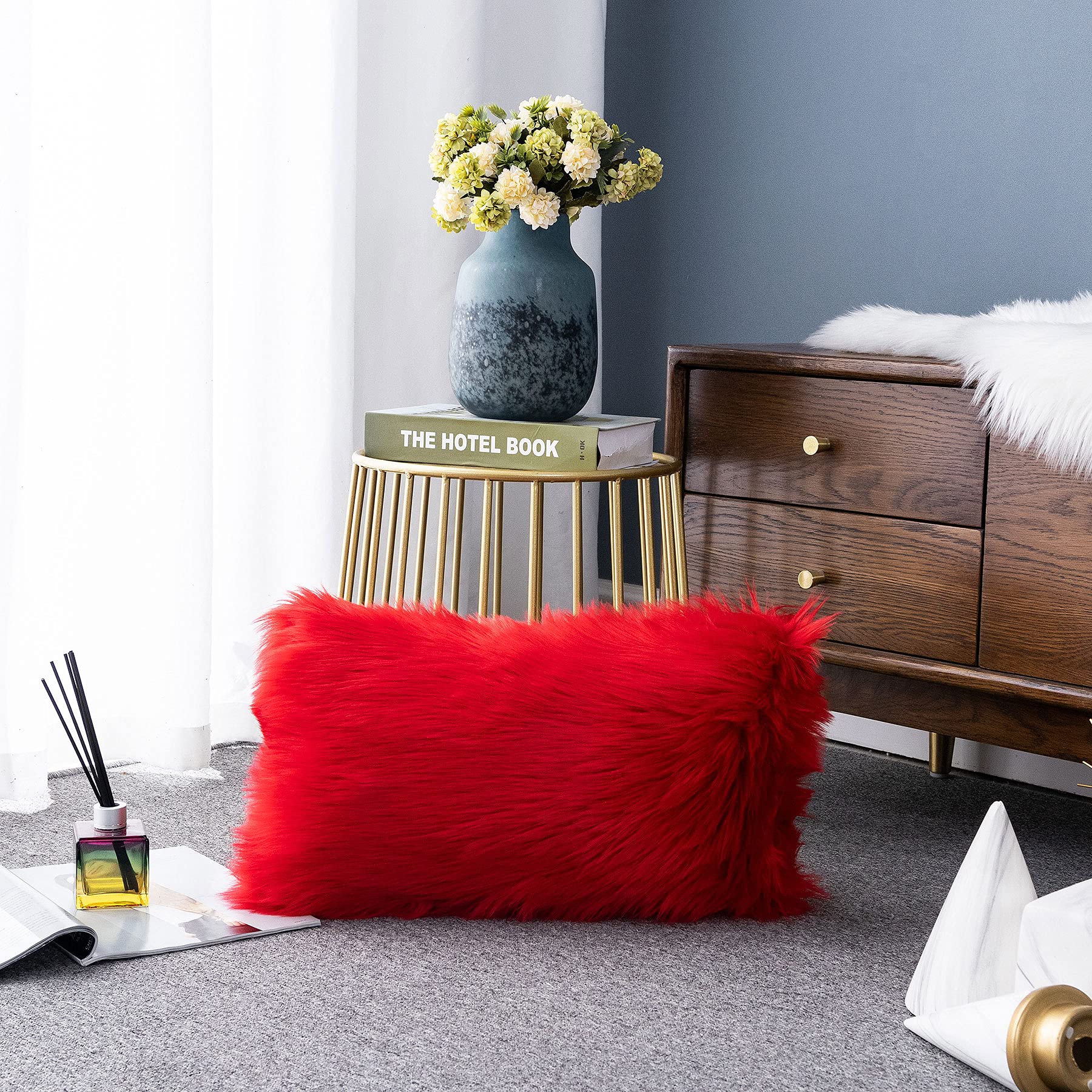 LIGICKY Luxury Series Soft Faux Fur Cushion Cover Decorative Square Plush Pillow Case Throw Pillow Cover for Couch Sofa Bed (Red, 12 x 20 Inch)