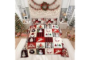MANFEI Christmas Comforter Set Twin Size,Red Plaid Holiday Design Bedding Set 2pcs,Snowman Santa Claus New Year Patchwork Down Comforter for All Season, Kids Boys Girls Room Decor,1 Pillowcase,No Sheets