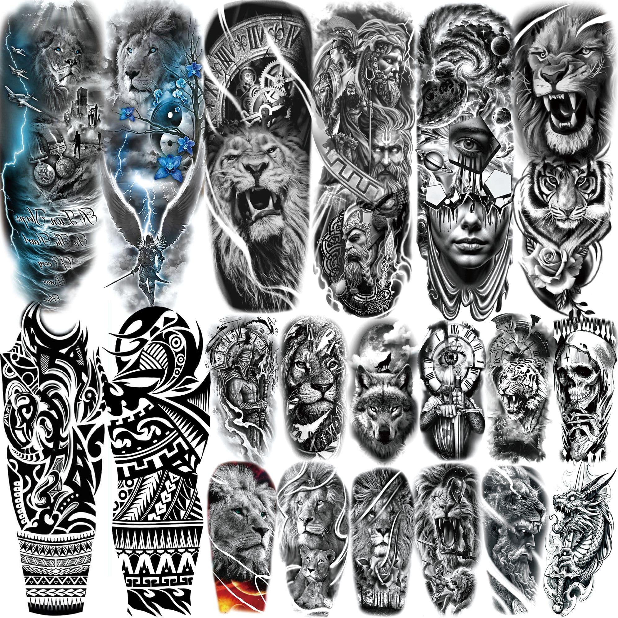 20 Sheets Lion Extra Full Arm Temporary Tattoos For