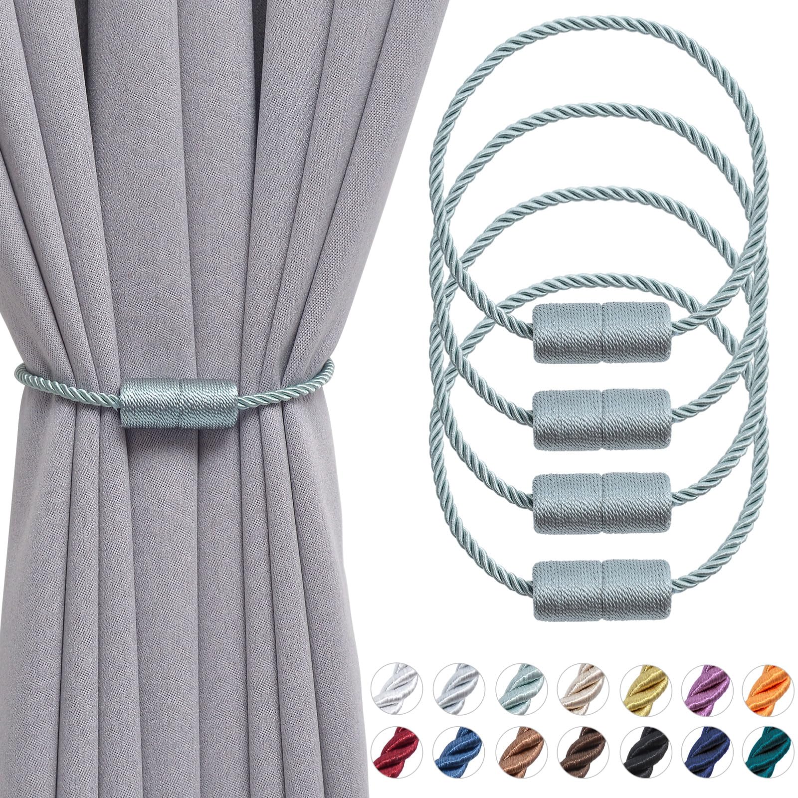 Pretty Jolly 4 Pack Magnetic Curtain Tiebacks 16 Inch Handmade Weave Side Rope Curtain Holdbacks Convenient Decorative Cylinder Curtain Drape Tie Backs for Home & Office Window Drapery (Blue-grey)