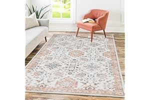 Mcadore 5x7 Area Rugs Washable Boho Rug, Non Slip Carpet for Living Room, Bedroom, Kitchen, Soft Low-Pile Rug, Beige/Floral
