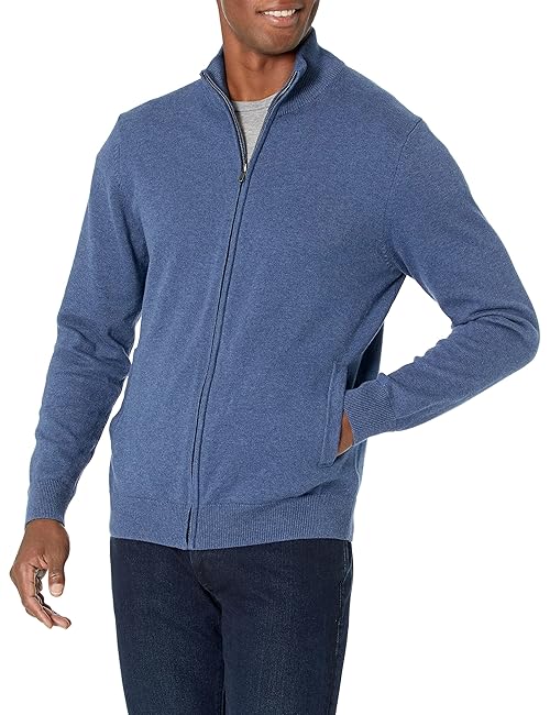 Amazon Essentials Men's Full-Zip Cotton Sweater, Blue Heather, X-Small