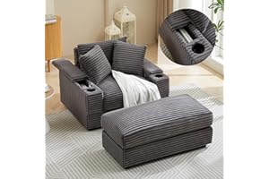 Olodumare Modern Minimalist Single Sofa with Storage Armrest and Cupholders, Deep Seat Couch, Corduroy Sectional Sofa Couch with Pillows and Ottoman for Living Room Apartment, Small Space, Grey