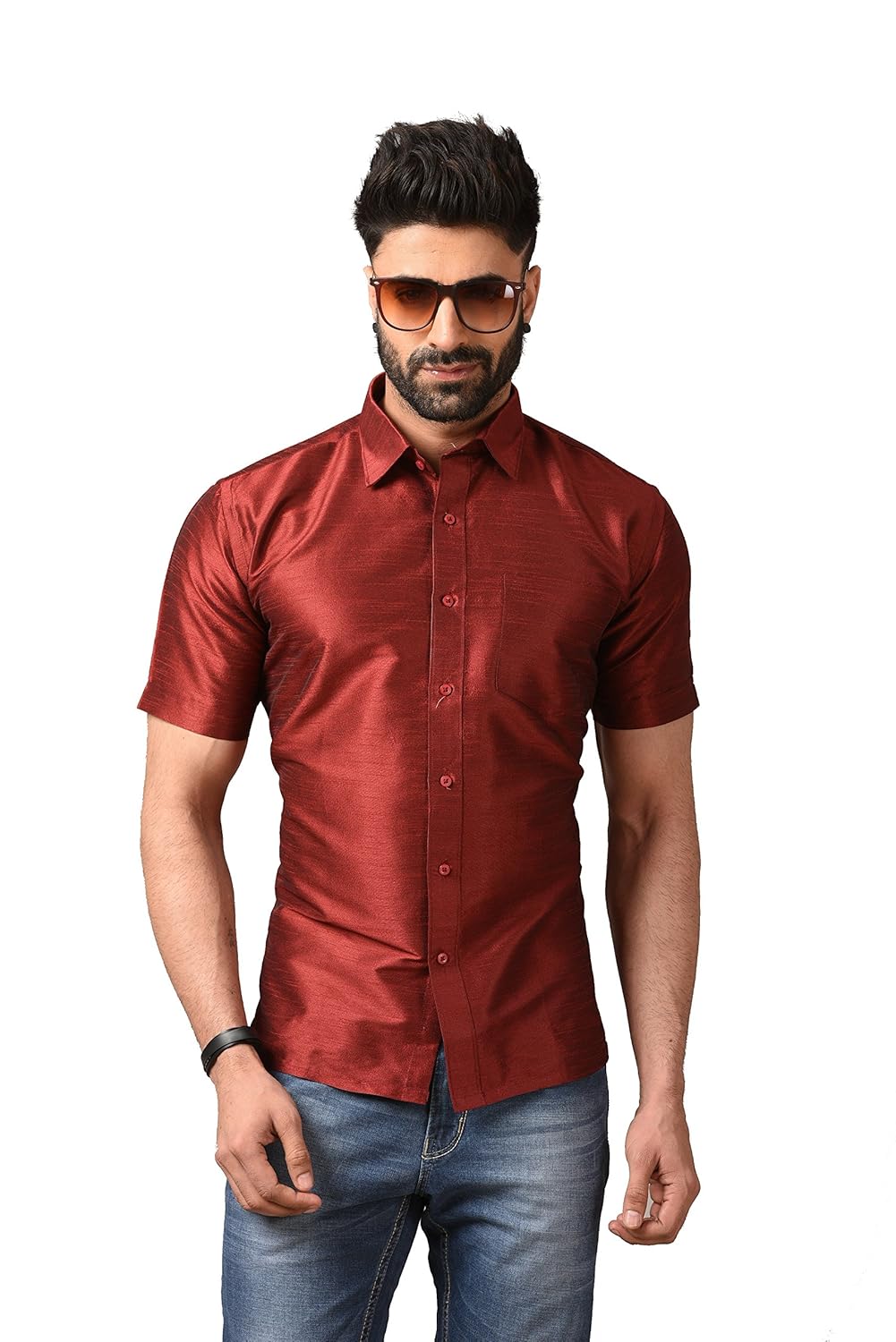 studio shringaar poly raw silk maroon mens short sleeve party shirt
